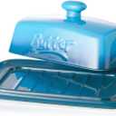 Large Porcelain Butter Dish with Lid, Candiicap Classic Color Changing Butter Keeper for Countertop, Large Butter Holder for Butter Storage, Dishwasher Safe (Navy Blue)