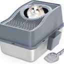 Top Entry Cat Litter Box with Lid, Stainless Steel Enclosed Cat Kitty Litterbox, Top Loading Large Metal High Side Litter Pan Tray Box Enclosure Easy Cleaning Anti-Leakage