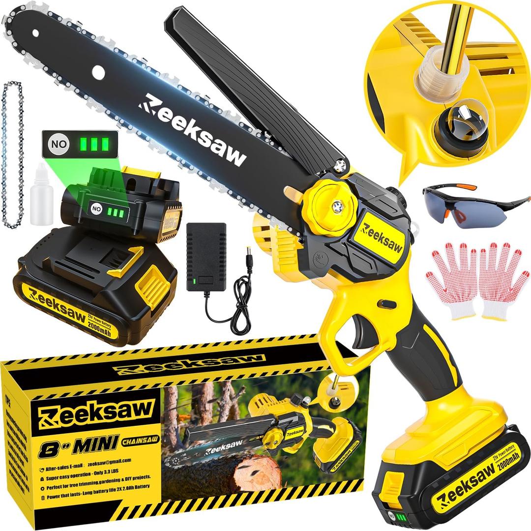 Mini Chain saw Cordless 8 inch Auto Oiler, Automatic Chain Tension, 21V MAX* Rechargeable Cordless Chainsaw with 2x2.0Ah Battery and Charger, Mini Chainsaw 8 inch Cordless Hand-Held Electric Chain Saw