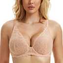 Wingslove Women's Sexy Bra Sheer Lace Bra Plunge Unlined Full Coverage See Through Underwire Bra (Beige)
