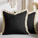 Boho Pillow Covers 18x18 Inch Faux Linen Couch Pillow Covers with Fringe Farmhouse Rustic Decorative Pillows Case Black Square Cushion Covers for Sofa Bedroom Living Room Home Decor Set of 2