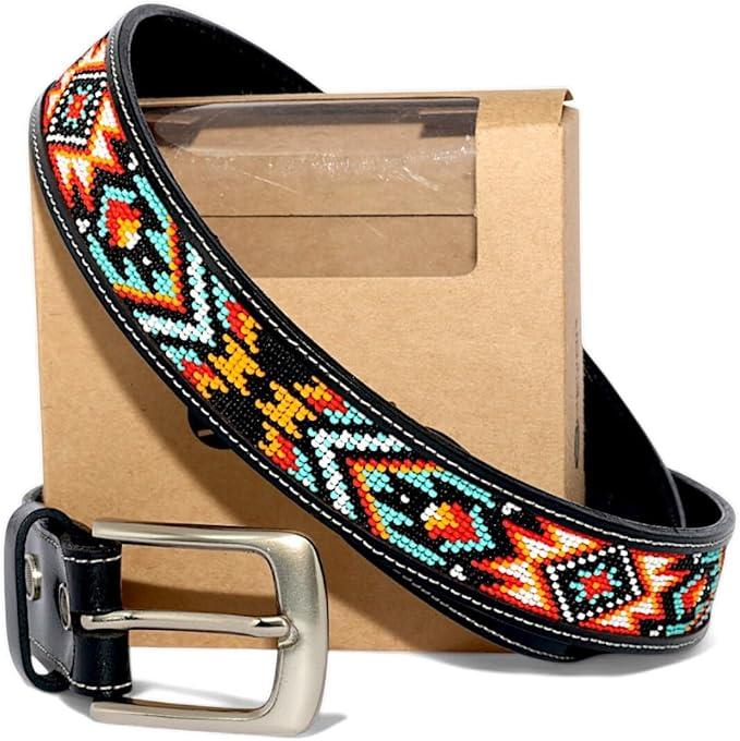 Unisex Genuine Leather Beaded Belt, Removable Buckle Cowboy Gift Belt 1.3" Wide, 34