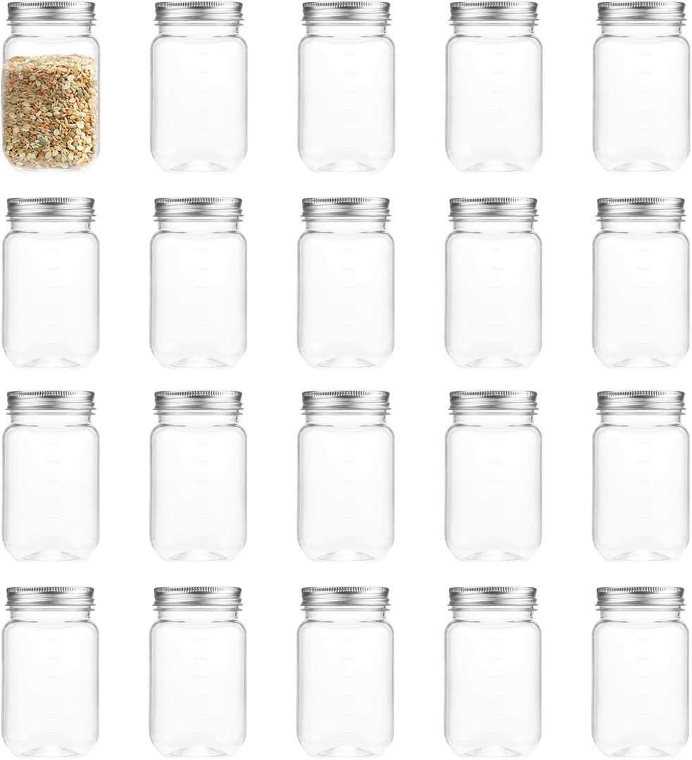 16 Ounce Clear Plastic Mason Jars With Screw On Lid, Reusable Empty Jars for Food Storage, Round BPA Free Containers for Sealing, Dry Food, Snacks, Candies, Breakage-proof, (Silver - 20 Pack)