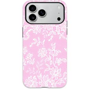 for iPhone 17 Pro Max Case, Cute Vintage Lace Flower Pattern Phone Case for Women Girls, Aesthetic Elegant Hybrid 2-Layer Hard Shell Protective Cover, Pink & White Floral Lace
