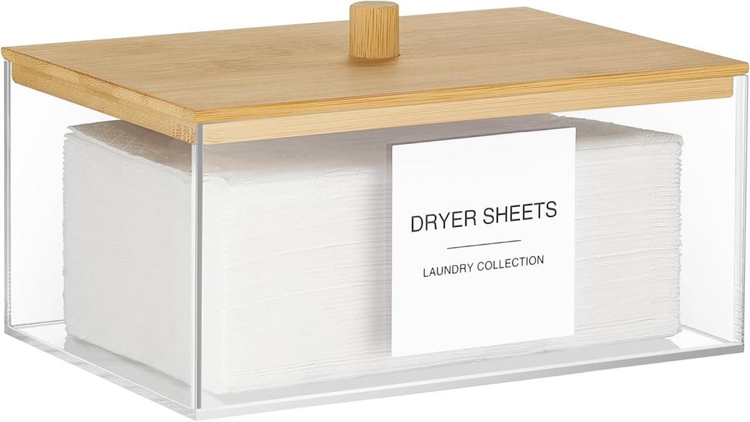 TIPGO Acrylic Dryer Sheet Holder with Lid, Clear Laundry Sheets Container with 27 Labels, Laundry Pods Storage for Laundry Room Organization (White)