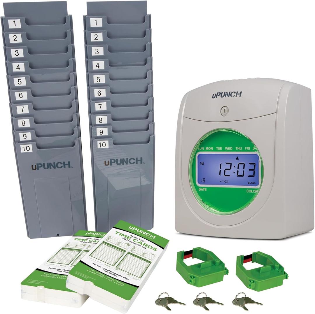 uPunch HN3500 Advanced Time Clock Bundle for Small Business: Complete Employee Time Tracking System with 100 Time Cards, 2 Racks, 2 Ribbons, and 6 Keys