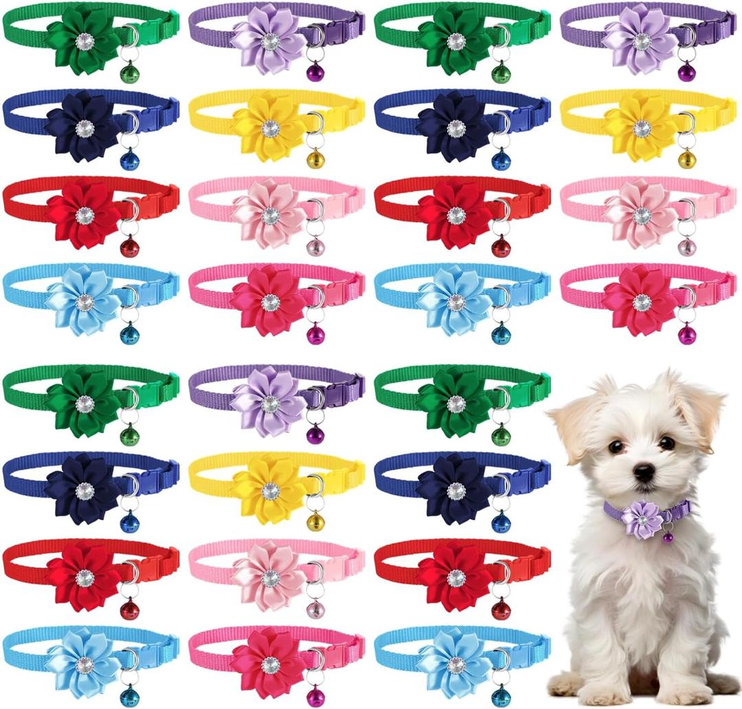 100 Pcs Dog Collars Flowers - Floral Puppy Collars with Bells, Adjustable Flower Rhinestone Pet Collars, Soft Breathable Pet Bowties, Bulk Accessories for Small and Medium Pets