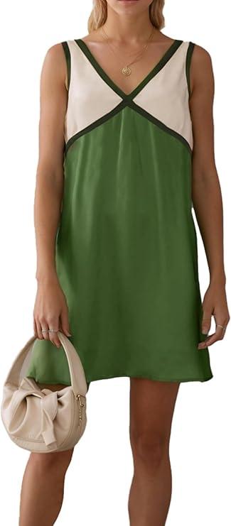 Summer Aesthetic Satin Beach Dress Women's Casual Sleeveless Maxi V Neck Color Block Dresses (Green-Large)