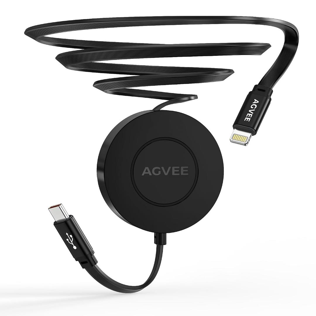 AGVEE 1.6ft Fixed / 3.3ft Extend USB-C to Lightning Charger Cable Mountable One Way Retractable 27W Fast Charging Cord, Pocket-Sized for iPhone 14 13 12 11 XS, Desk Organizer, Black