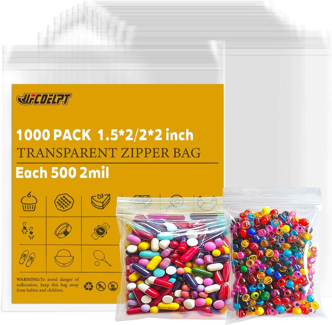 Clear Small Zip Bags 1000 Count (1.5" x 2" & 2" x 2" Each of 500), 2 Mil Thick Reclosable Lock Plastic Bags for Jewelry, Coins, Beads, and More