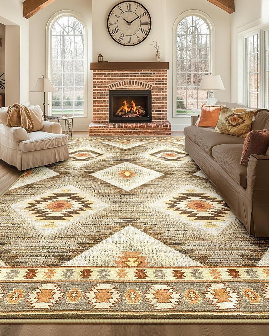 Area Rug 9x12 Rug Machine Washable Non-Slip Low Pile Print Pattern Western Rug for Living Room Bedroom Entryway Tribal Series -Cream/Camel