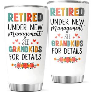 CUBICER Retired Under Management See Grandkids For Details Tumbler Stainless Steel 20 Oz Gift Grandma Grandpa Iced Insulated Mug Cool Coffee Drink Tea Heat Travel Outdoor