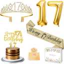 17th Birthday Decorations for Girls with 17th Birthday Sash and Crown, Number Balloons, Birthday Card, Cake Topper and Candles, 17 Year Old Girl Gifts for Her, Gold