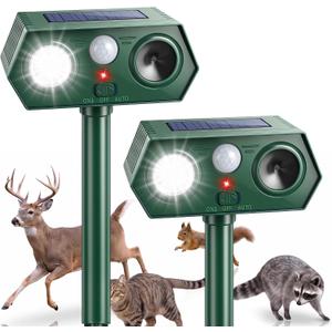 2026 Solar Ultrasonic Animal Repeller Motion Activated Deer, Cat, Rabbit & Squirrel Deterrent with LED Flashing Lights, Weatherproof Outdoor Repellent for Yard, Garden, Lawn & Farm (2 Pack, Green)