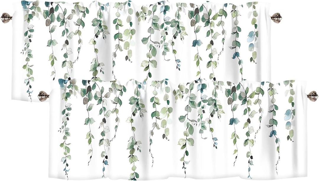 Green Eucalyptus Leaves Curtain Valance for Windows Watercolor Green Rod Pocket Window Treatments 2 Panels Short Curtains for Kitchen Windows Bathroom Bedroom,54 x 18 Inch