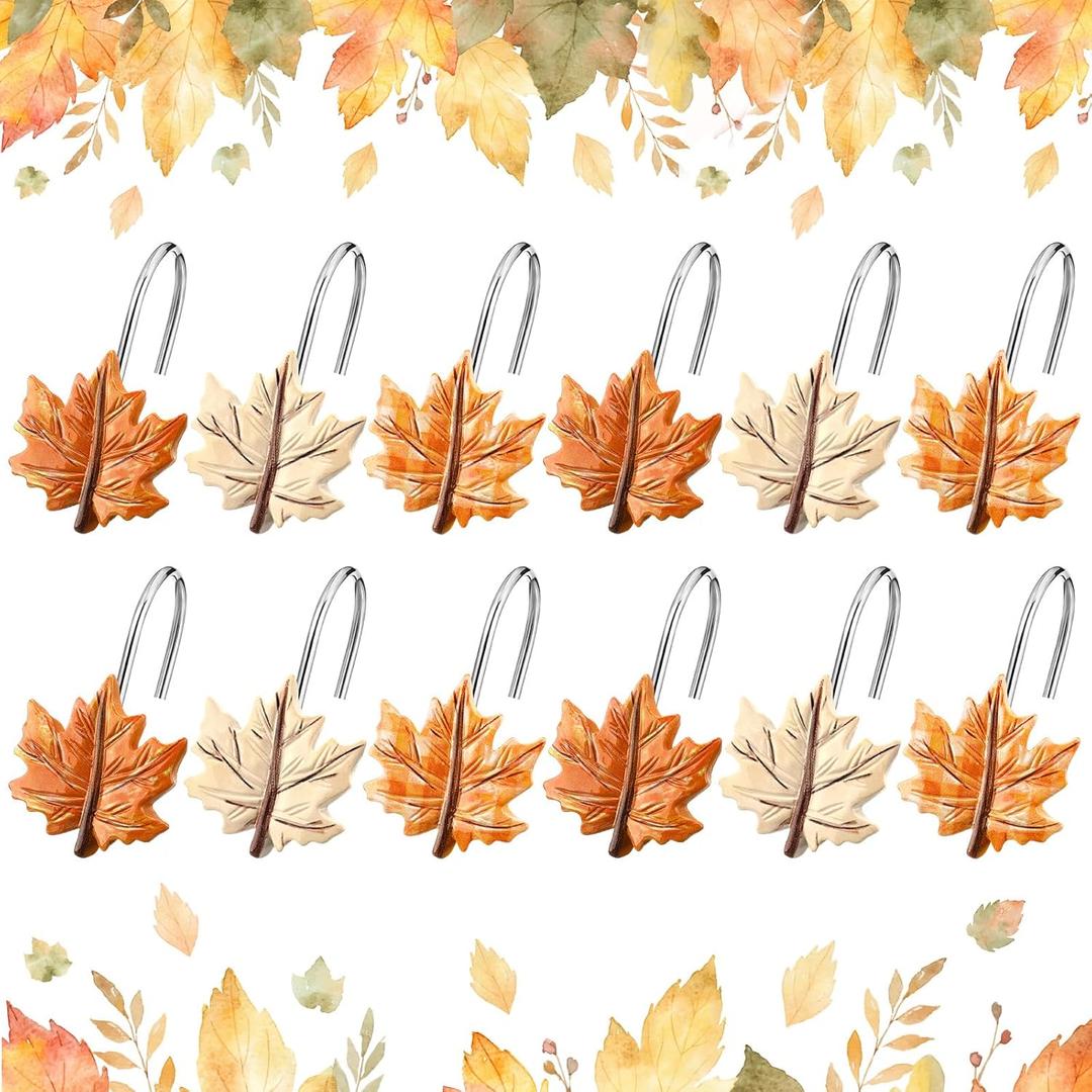 Colingmill Set of 12 Maple Leaf Shower Curtain Hooks for Fall Bathroom Decor, Metal Rustproof Farmhouse Plaid Autumn Leaves Decorative Shower Curtain Hooks Rings for Thanksgiving Bathroom Decor