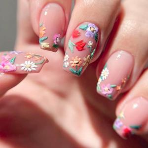 48 Pcs Flower Press on Nails Medium Square False Nails with 3D Colorful Floral Design Full Cover Glossy Acrylic Nails Nude Pink Artificial Stick on Nails Reusable Glue on Nails for Women Manicure