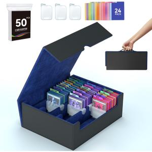 3-Row2400+ Trading Card Storage Box, Card Organizer Holder with 50 Sleeves & 24 Dividers, Case Fit for Mtg Tcg Magic Commander Deck Playing Cards, Deck Box for Baseball Sport Cards