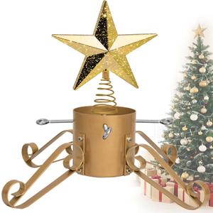 10FT Christmas Tree Stand for Real & Artificial Trees, 24" Base Holds up to 10 ft Live Trees & 3D Tree Topper with Timer, 20 Clear Lights & 8 Light Modes (Gold)