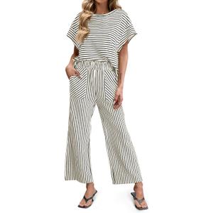 Tankaneo Womens Striped 2 Piece Sets Short Sleeve T Shirts Wide Leg Pants Matching Lounge Set with Pockets (Small) Tankaneo Womens Striped 2 Piece Sets Short Sleeve T Shirts Wide Leg Pants Matching Lounge Set with Pockets (Small)