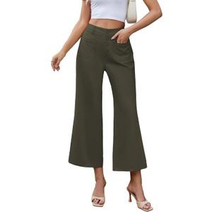 Famulily Womens Button Down Wide Leg High Elastic Waisted Capri Pants Casual Dressy Cropped Pants with Patch Pockets, XL