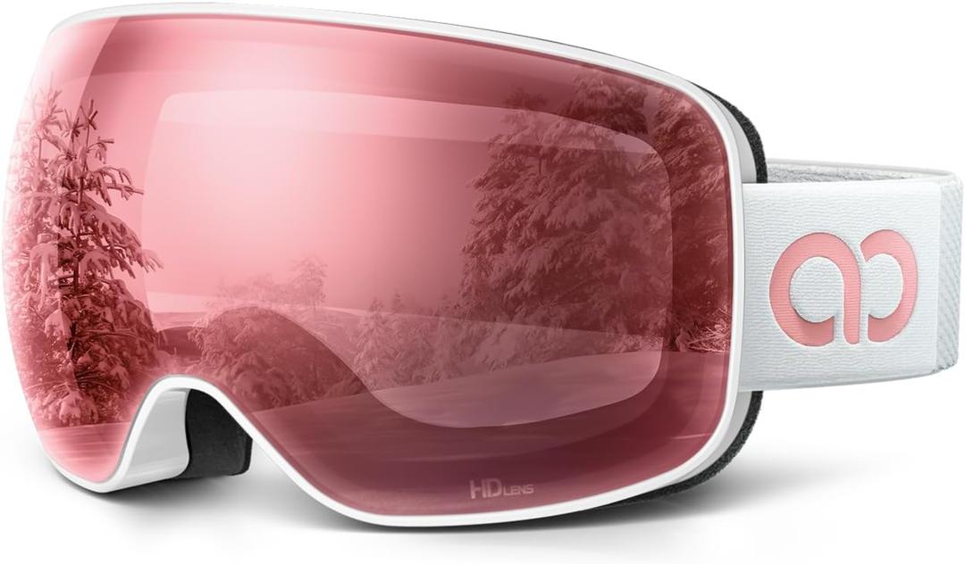 Lamicall Ski Goggles with 3X Anti-Fog - 100% UV Protection, OTG, Gifts for Skiing, Snowboard, Snowmobile, Men, Women (White Frame - Pink Lens)