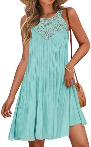 ZESICA Women's 2025 Summer Halter Chiffon Mini Dresses Sleeveless Hollow Out A Line Flowy Ruffle Beach Vacation Sundress, XL (Mint)