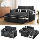 Amada 3 in 1 Convertible Sleeper Sofa Bed, Futon Couches for Living Room with USB Ports&Side Pocket | Adjustable Backrest| Velvet Fabric | Pull Out Couch | Loveseat | Sectional Sofa Bed,Black