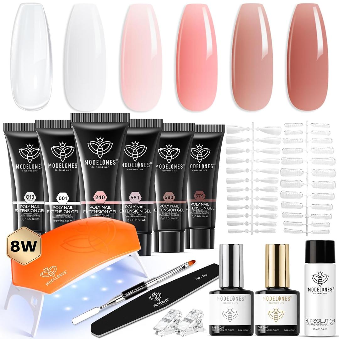 modelones Poly Nail Gel Kit 6 Colors with 8 W Lamp Nail Extension Gel Kit Nude Clear Pink Natural Complete for Beginner Thickening Solutions DIY at Home for Women (A3-Natural Tone) modelones Poly Nail Gel Kit 6 Colors with 8 W Lamp Nail Extension Gel Kit Nude Clear Pink Natural Complete for Beginner Thickening Solutions DIY at Home for Women (A3-Natural Tone)