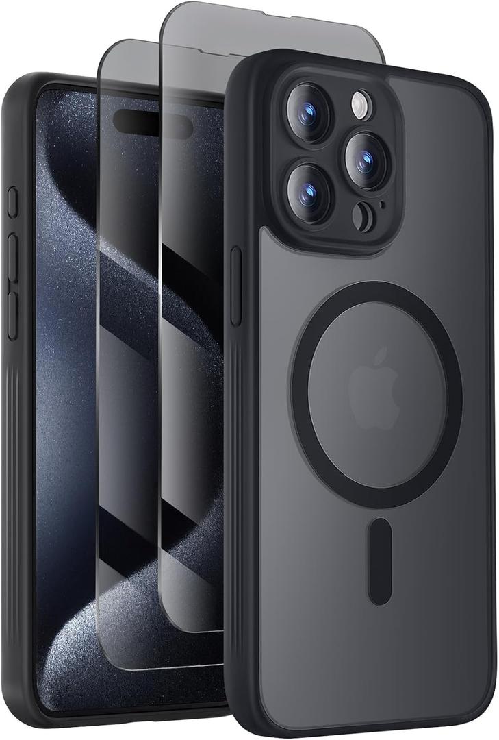 Designed for iPhone 15 Pro Case, Compatible with MagSafe, with Privacy Screen Protectors X2, [Camera Protection] [15FT Military Drop Protection] Shockpoof Phone Case, 6.1'', Black