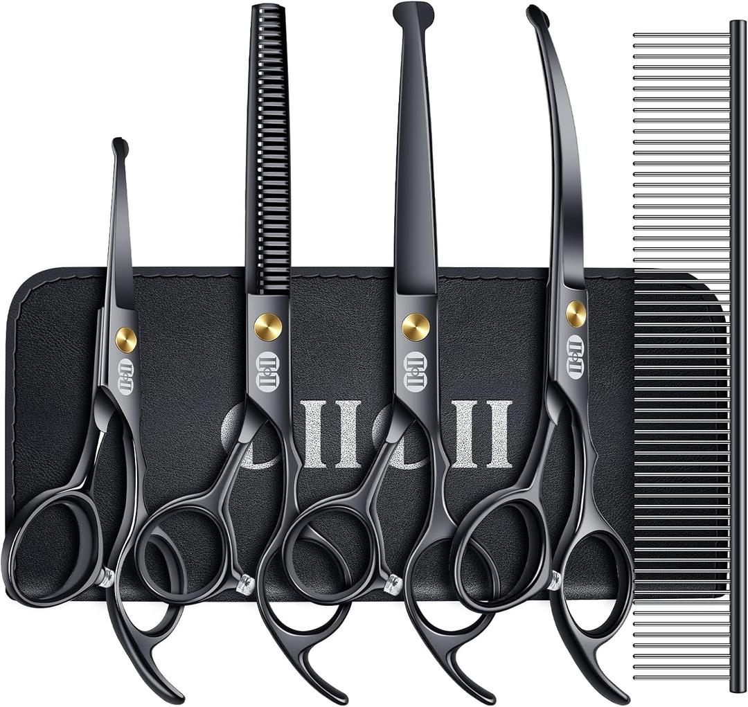 CIICII Dog Grooming Scissors Kit, 7 Inch Professional Pet Grooming Scissors Set with Safety Round Tip (Dogs/Cat Hair Cutting Trimming Thinning Shears with Curved Scissors) for DIY Home Salon (Black)