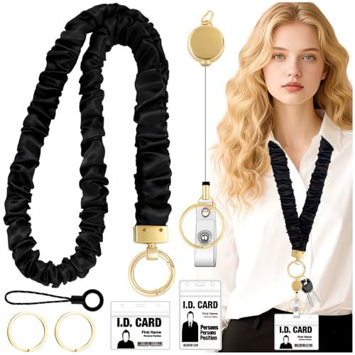 Stretchy Scrunchie Lanyard Teacher for ID Badges Keys with Retractable Badge Reel ID Holder Cute Teacher Lanyard for Women Teachers Nurse Gifts Key Phone Lanyards Black Lanyards Office Accessories