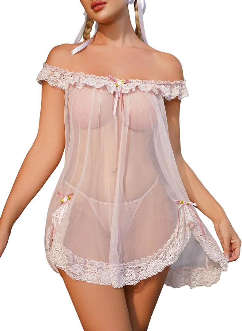 OYOANGLE Women's 2 Piece Mesh Sheer Floral Lace Babydoll Slip Dress Nightgowns and Thong Lingerie Set (Medium, Pink)
