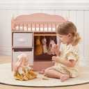 OOOK Baby Doll Crib, Wooden Baby Doll Bed and Changing Table, Dollhouse Furniture with Two Storage Box, Bedding and Coat Hangers, Nursery Playset Suitable for Dolls Under 22 Inches, Pink, 22 x 11.4 x 22.6 inches