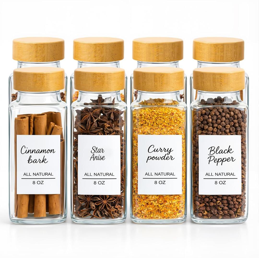 8Oz 8Pcs Glass Spice Jars with Label, Seasoning Containers, Spice Containers with Bamboo Lids & Pen, Empty Spice Bottles for Salt, Herbs, Sugar, Pepper (Natural Wood Color)