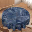 Denim Patchwork Print Style Round Tablecloth, Fashionable Denim Pattern Design (Not Denim Fabric) Water Resistant Table Cover for Farmhouse Picnic Party Holiday Kitchen Dinner Table 60" (Denim Blue-2)