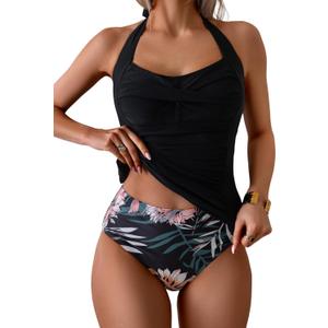 Eomenie Womens Halter Tankini Bathing Suit Ruched Tummy Control Two Piece Swimsuit with Bottom (Large, Black Floral)