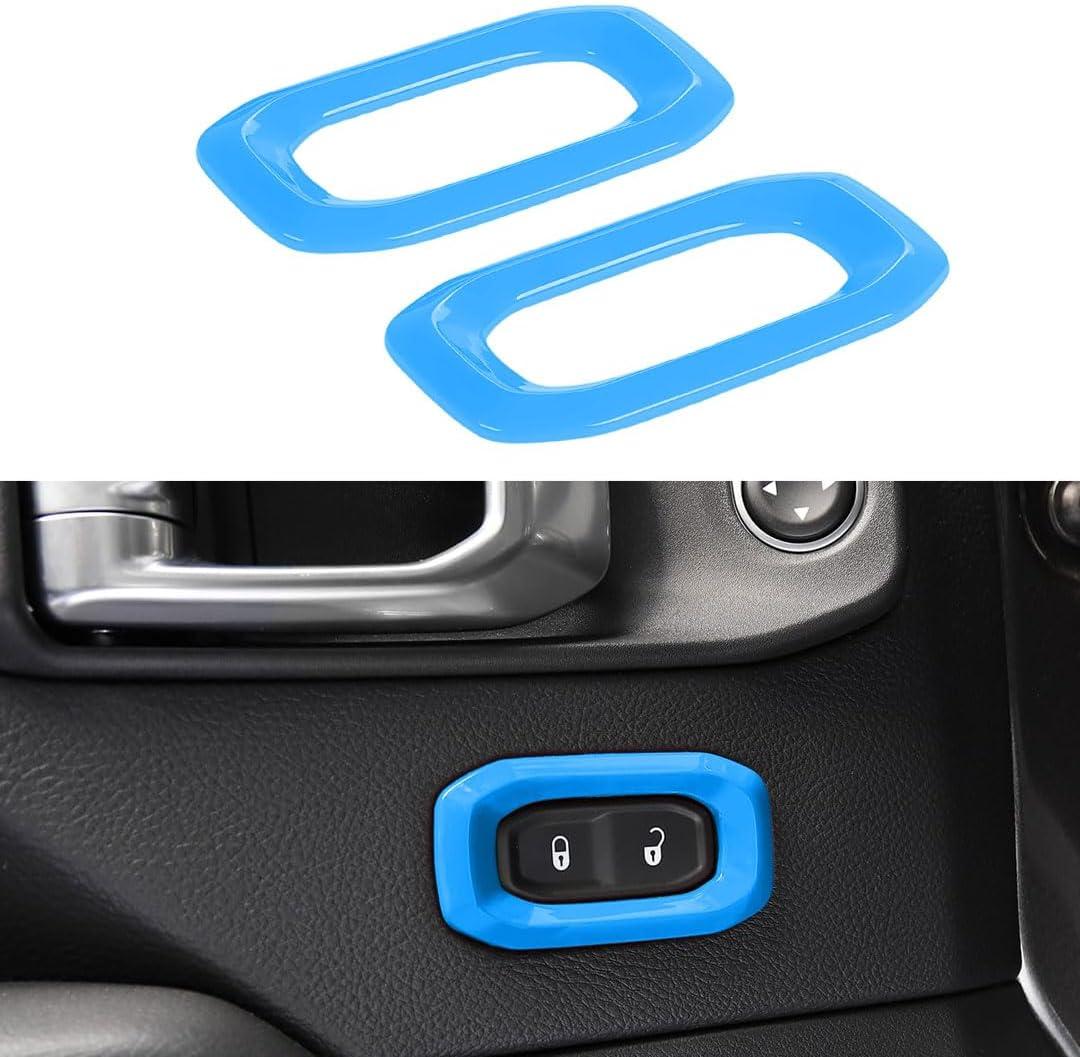 2 Pcs Metal Door Lock Switch Button Trim Cover Compatible with Jeep Wrangler JL JLU Gladiator JT 2018-2024 Car Center Console Unlock Button Frame Cover Interior Decoration Accessories (Blue)
