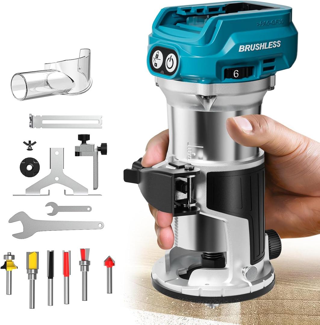 Cordless Compact Router for Makita 18V Battery (Bare Tool), 6 Variable Speeds for Woodworking, 800W 30,000 RPM Fixed Base Wood Router With Trim Bits, Edge & Roller Guide, Dust Hood