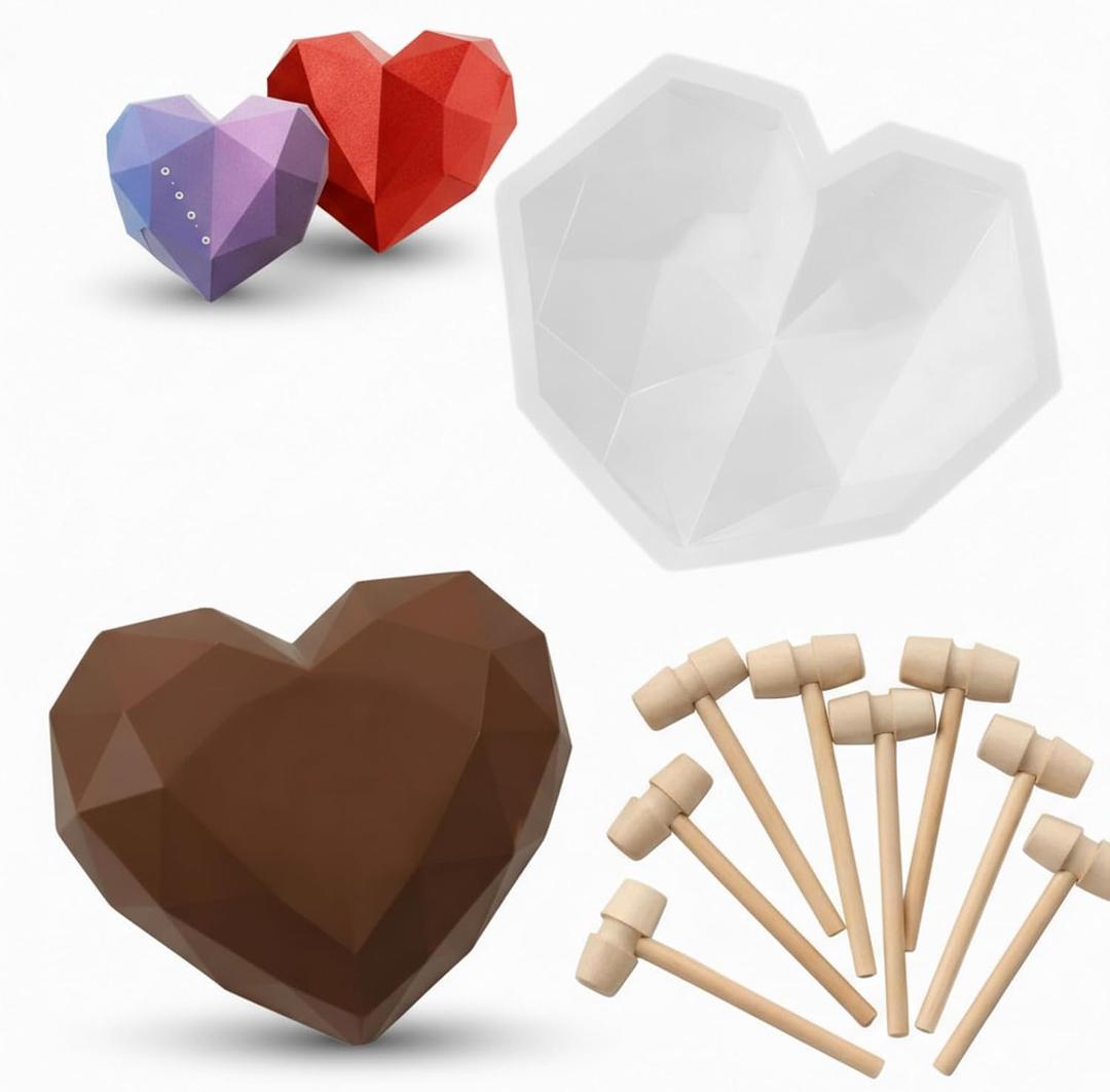 Patelai Breakable Heart Mold Set for Chocolate Silicone Mold 7.8 Inch with 8 Pcs Mini Wooden Hammer Heart Shape Cake Mousse Dessert Baking Pan Silicone Love Fondant Molds