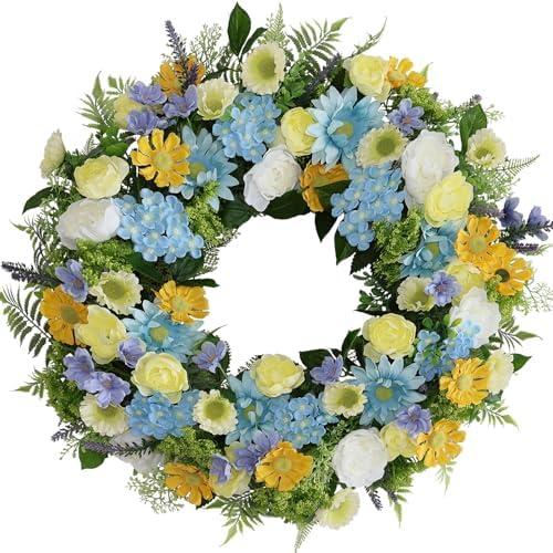 BINFEN Faux Silk Flower Spring Summer Easter Wreath 24-26" for Front Door – White Ranunculus Yellow Daisy Blue Hydrangea Green Eucalyptus Leaves – Farmhouse Front Porch Wreath, Outdoor Indoor Use