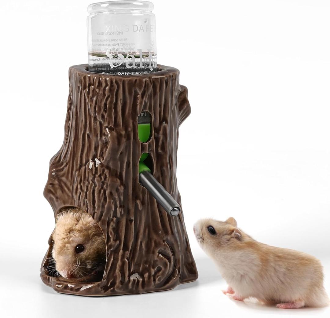 Hamster Water Bottle for Glass Tank, 3-in-1 Adjustable 80ML Gerbil Water Bottle with Stand Holder, Chew Proof Ceramic Water Dispenser for Dwarf Syrian Hamster Mice Rat