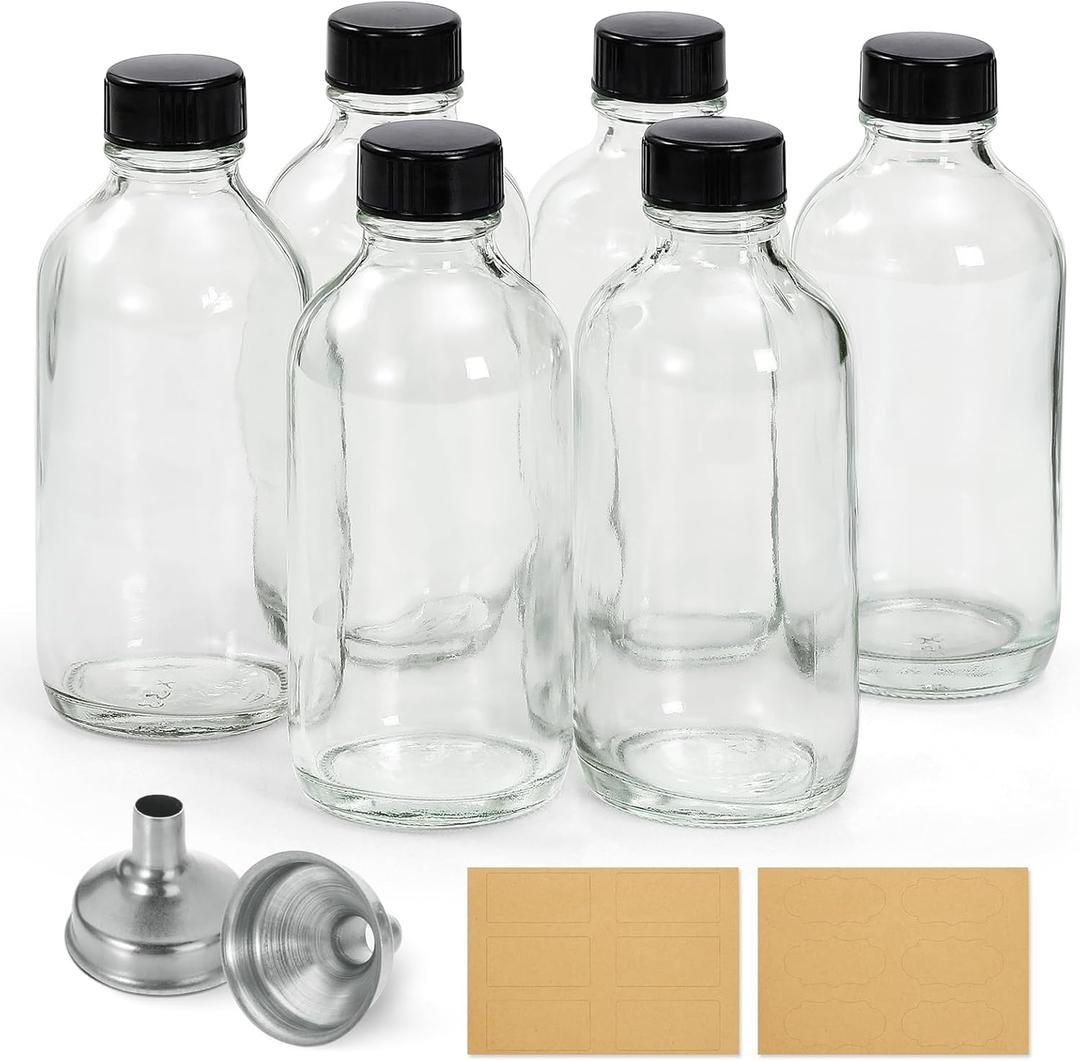 6 Pack, 4 oz Small Clear Glass Bottles with Lids & 2 Stainless Steel Funnels - 120ml Boston Sample Bottles for Potion, Juice, Wellness, Ginger Shots, Whiskey, Liquids - Mini Travel Essential Bottles