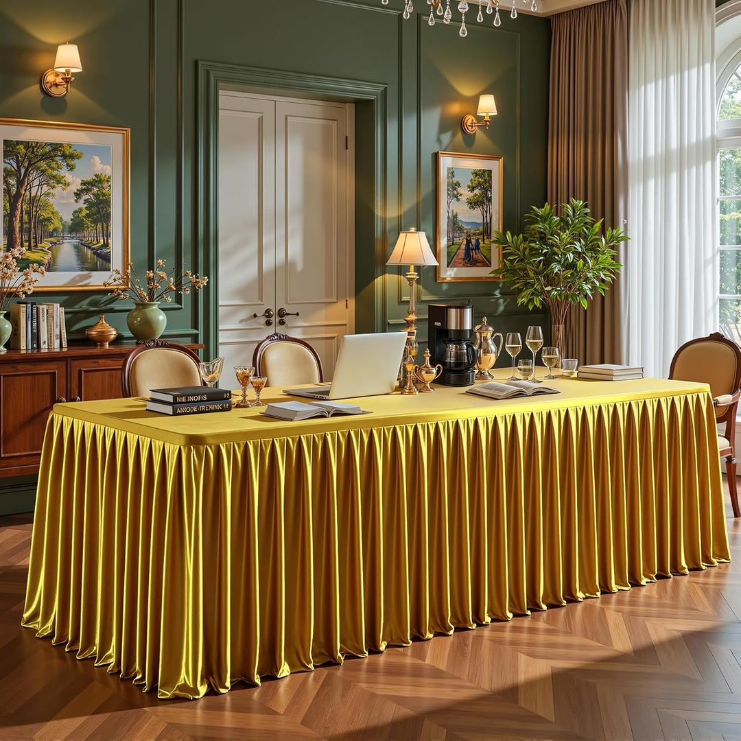 Gold Satin Tablecloths Rectangle 8FT, Glitter Spandex Fitted Stretch Table Covers Wrinkle-Free Floor Length Shimmer Table Skirt for Weddings Parties Baby Shower Banquets Vendor Events