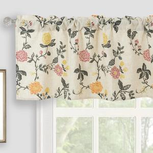 Watercolor Colorful Flowers Linen Kitchen Valance, Light Filtering Rod Pocket Small Window Curtains Valance for Kitchen Cafe Living Room Bathroom 54" x 18" Blush, Orange, Yellow