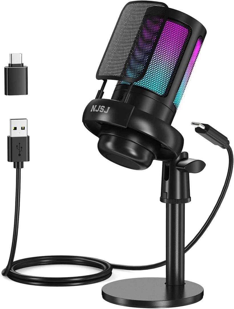 NJSJ USB Microphone for PC, Gaming Mic for PS4/ PS5/ Mac/Phone,Condenser Microphone with Touch Mute, RGB Lighting,Gain knob & Monitoring Jack for Streaming,Podcasting (with Desktop Stand, Black)