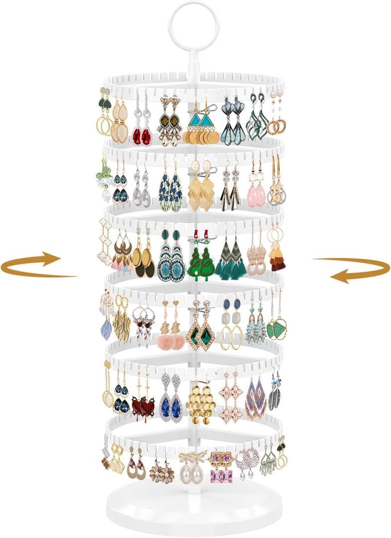 MODOWEY 6 Tier Rotating Earring Holder Organizer, Adjustable Metal and Plastic Stand Tree with 342 Grooves for Stud Hoop Pierced Dangle Display, Decluttered, Space-Saving Storage Rack for Women, White