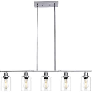 39.4" Kitchen Island Lighting, 5 Lights Clear Glass Pendant Light Fixtue, Chrome Linear Metal Chandelier for Dining&Living Room Foyer,Height Adjustable,E26 Socket