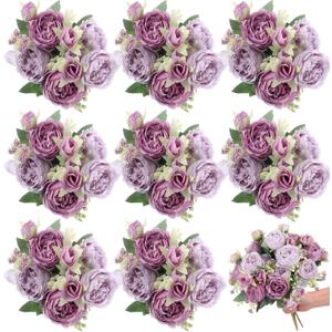 8 Bundles Artificial Peonies Flowers Boho Faux Flowers Arrangements Artificial Centerpiece Spring Bouquet Floral Wedding Decoration for Vase (Purple)