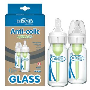 Dr. Brown's Anti-Colic Options+ Narrow Glass Baby Bottle with Level 1 Slow Flow Nipple, BPA-Free, 4 oz/120mL, 0m+, 2-Pack (Packaging May Vary)